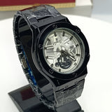 Luxury watch with intricate design on a stand, brand name visible in the background