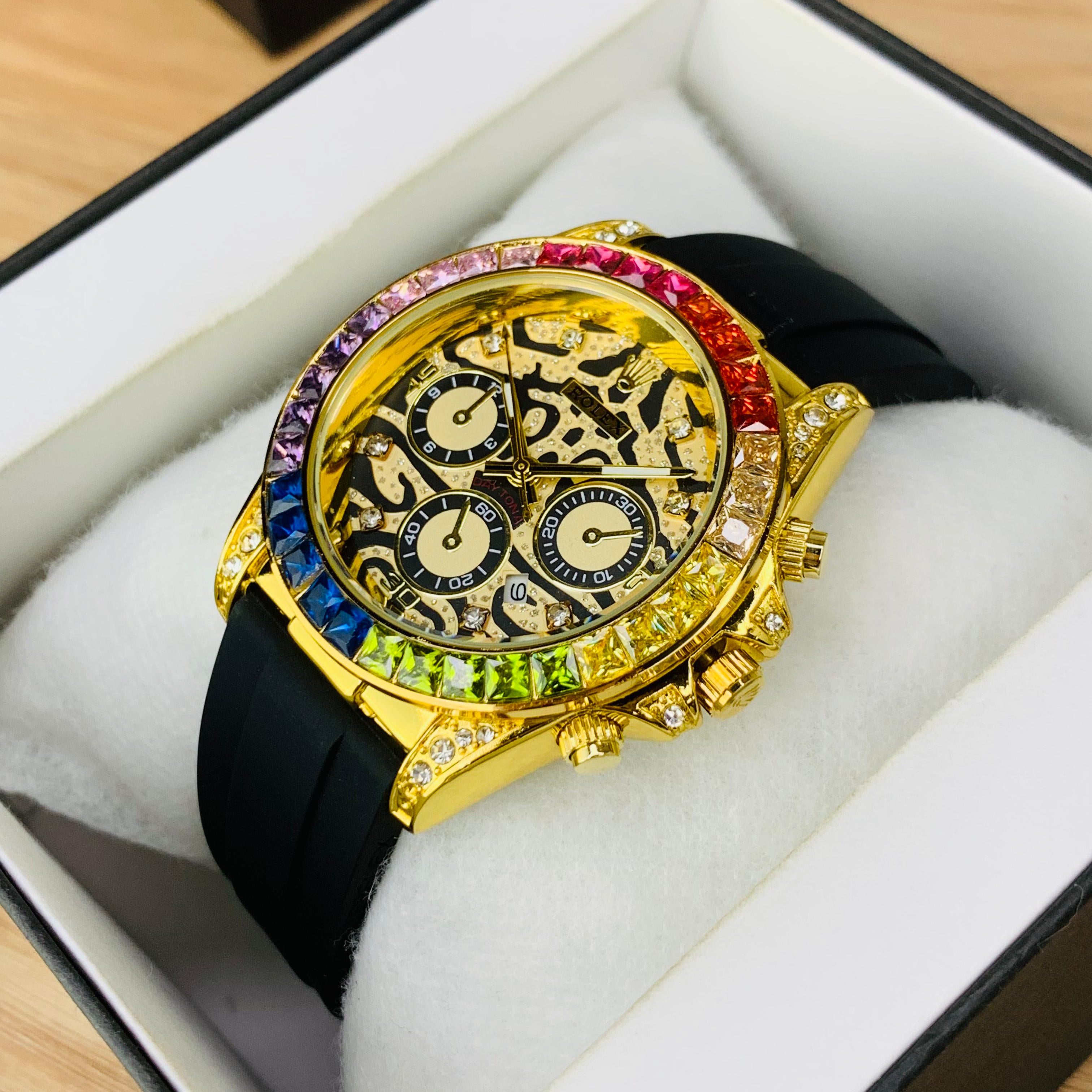 RLX Rainbow Skeleton Crystal – Gold Finish | Date | Warranty