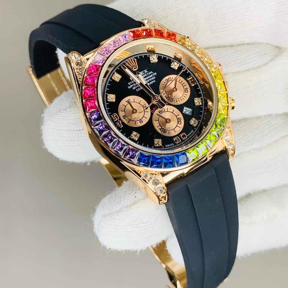 RLX Rainbow Oyester Crystal – Gold Finish | Date | Warranty