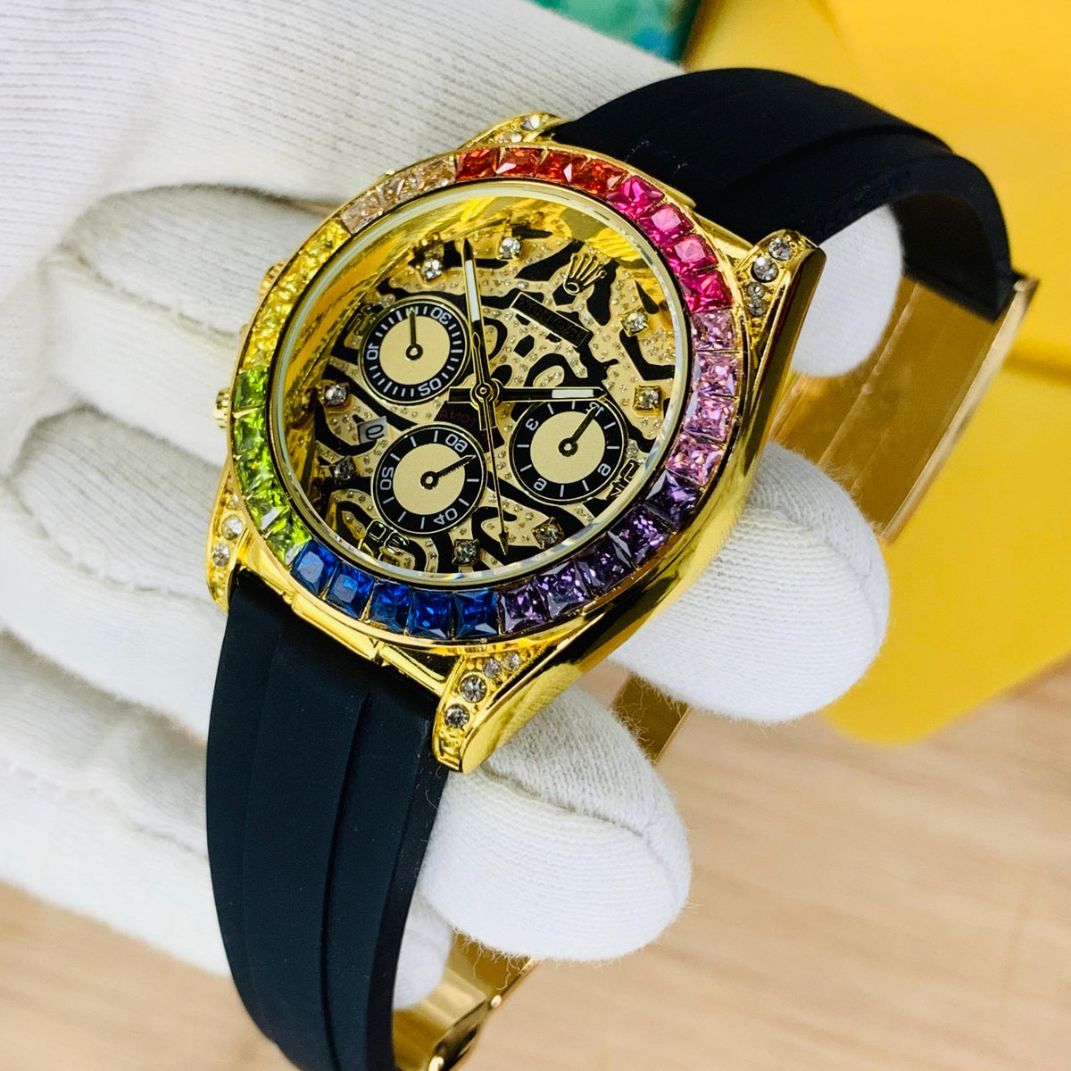 RLX Rainbow Skeleton Crystal – Gold Finish | Date | Warranty