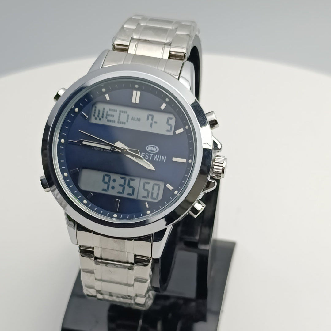 Silver watch with digital display on a white background