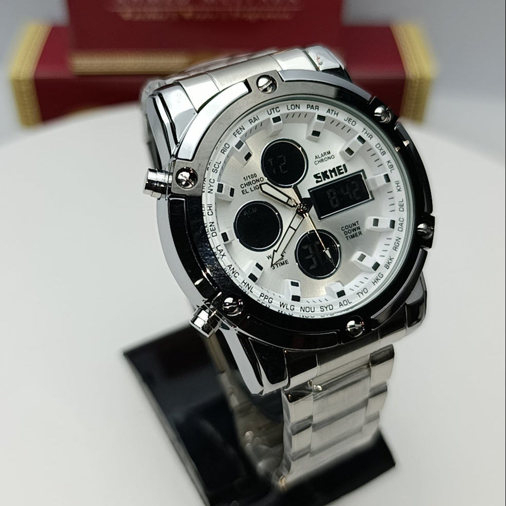 SKMEI Original Full Metal | Dual Time | Heavy Men’s Look | 6 Month Wrranty (White)