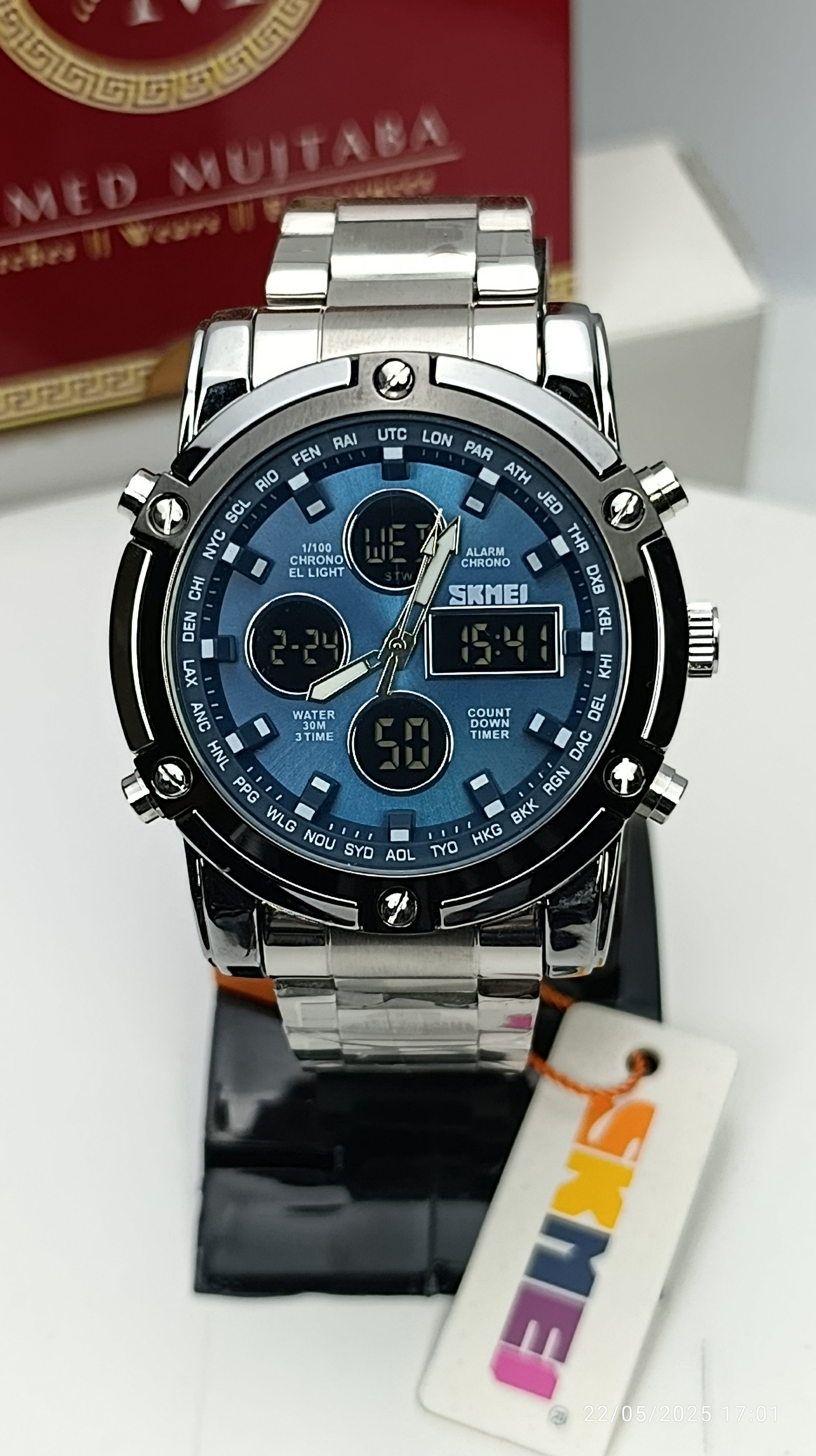 SKMEI Original Full Metal | Dual Time | Heavy Men’s Look | 6 Month Wrranty (Grey - Blue)