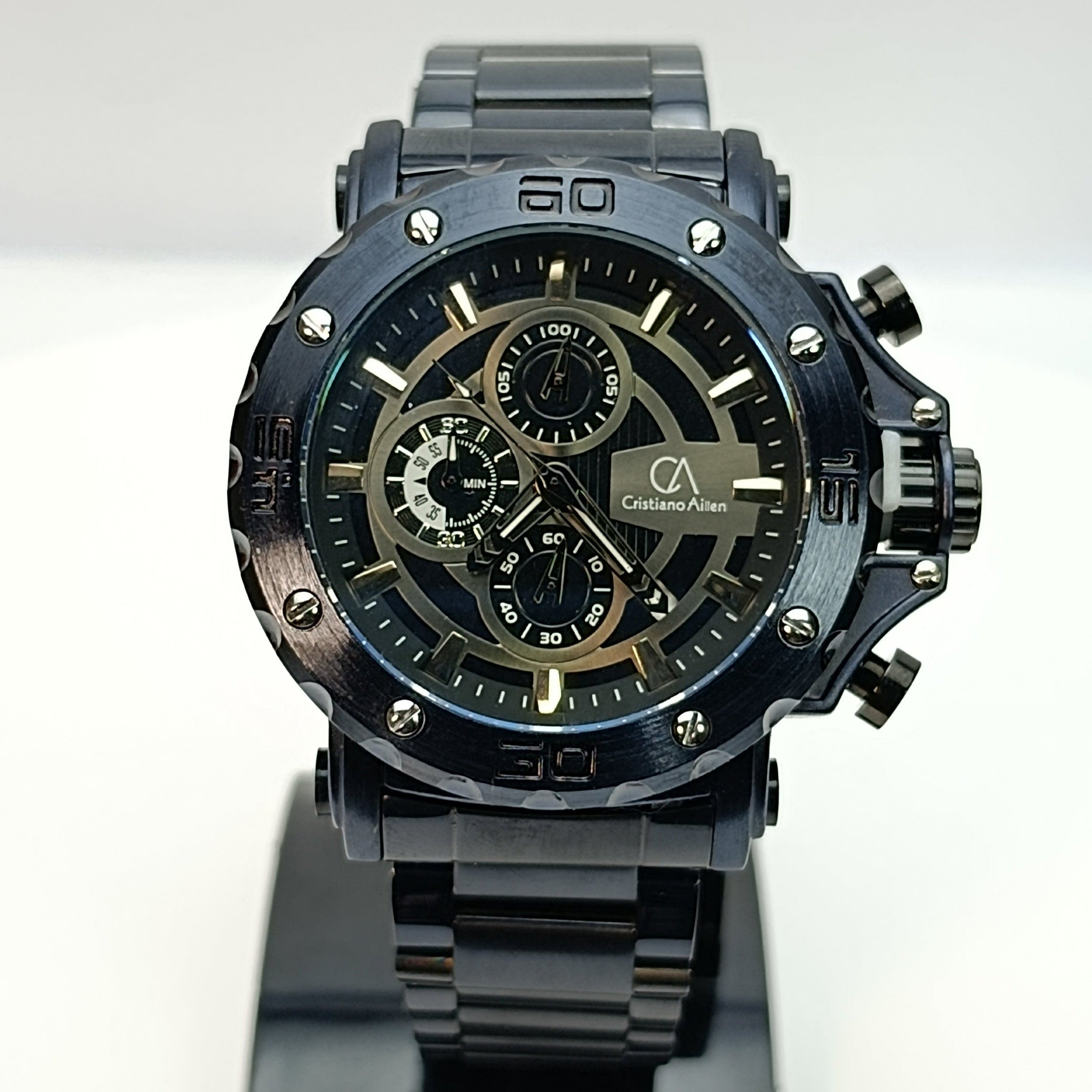 Black wristwatch with detailed face on a white background Cristiano Ailien Chronograph | Full Chrono Working | Stainless Steel Strap