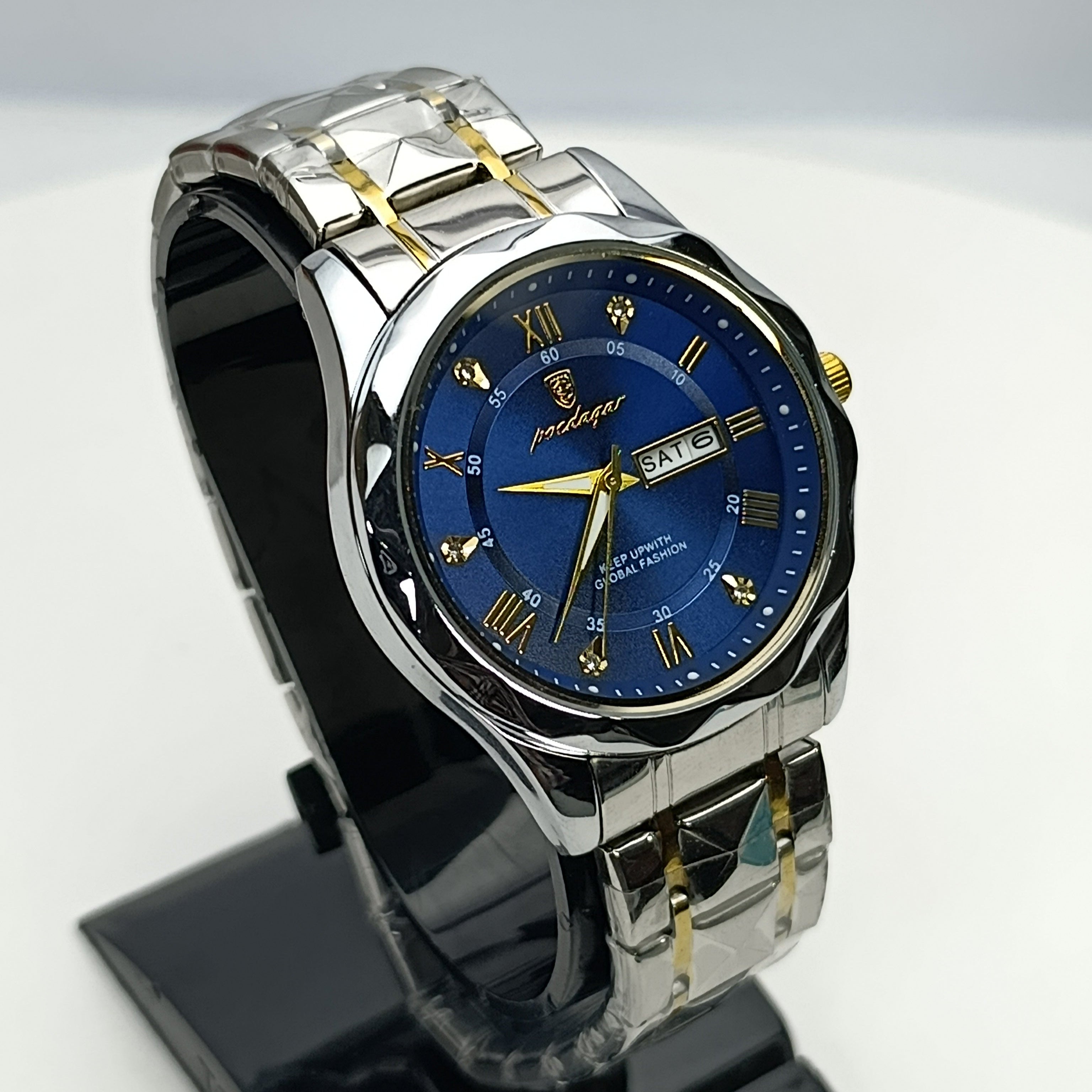 Poedagar P-615 | Dual Tone Stainless Steel | Day & Date Display (Navy Blue)