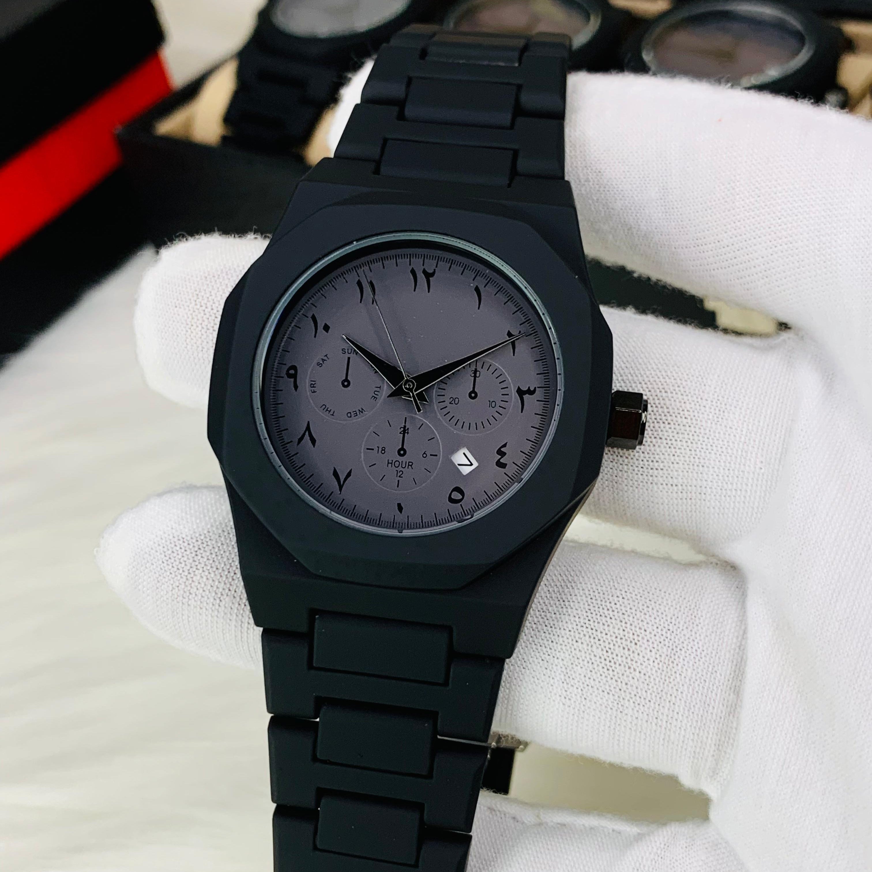 Arabic Aura Metal Heavyweight Matte Black Watch | Date Function | Butterfly Lock